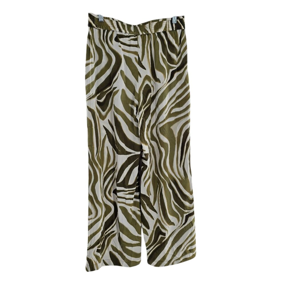 Joie Olive Green Zebra Print Satin Pull On Wide Leg Pants Size Med Boho Tropical